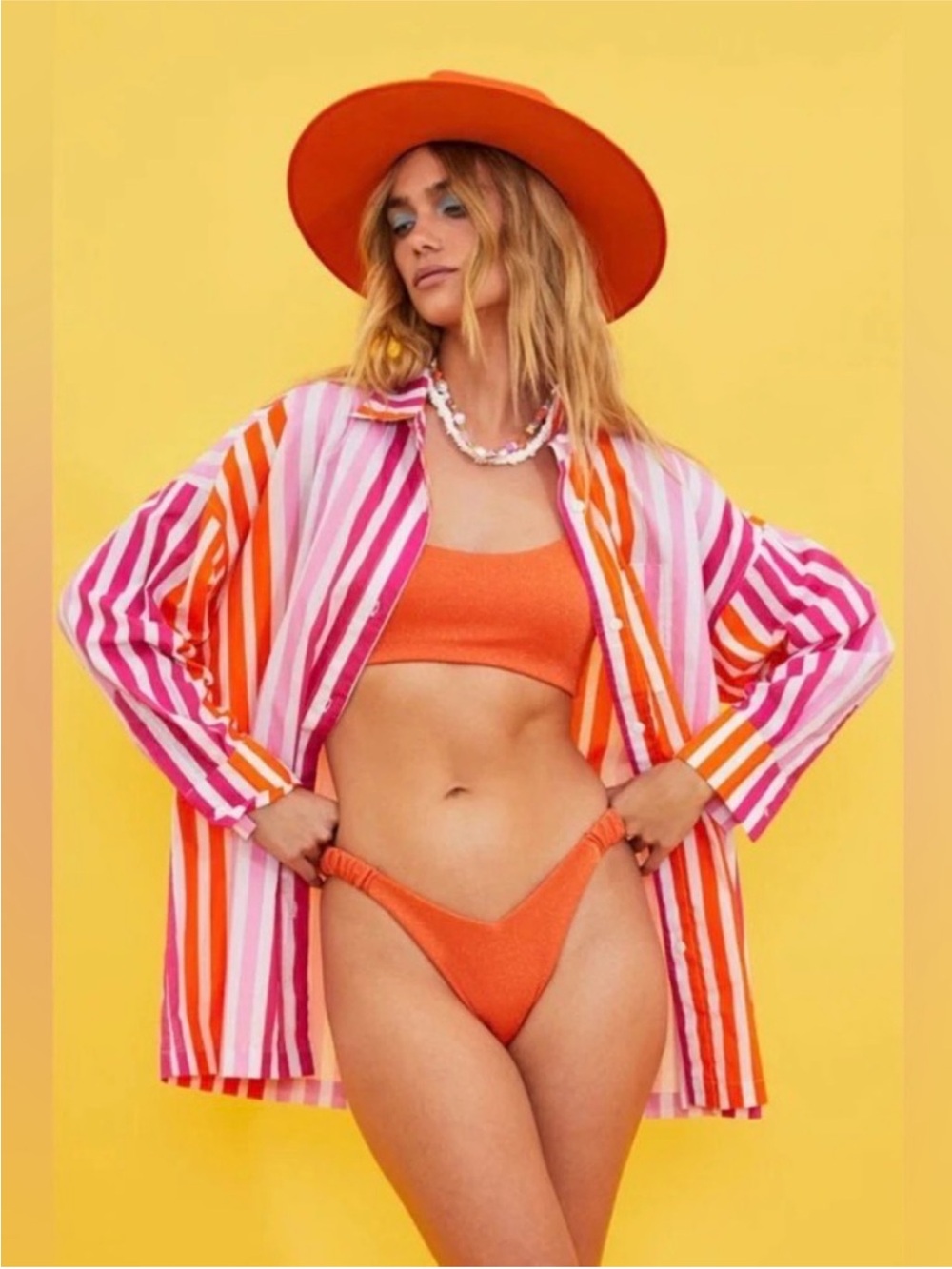 Beach Riot Alexa Orange Pink Stripe Button Down Oversized Beach Coverup Large